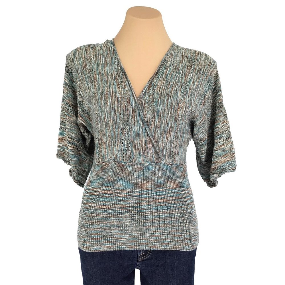 Emma James Knit Top Size Medium Kimono Sleeve Surplice Brown Blue